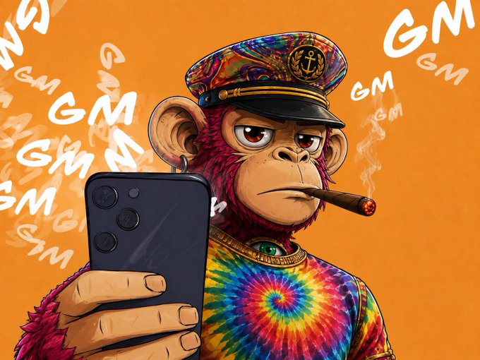 A digital illustration of a pink monkey wearing a captain's hat, tie-dye shirt, smoking a cigar, and taking a selfie with a smartphone, surrounded by "GM" text on an orange background.