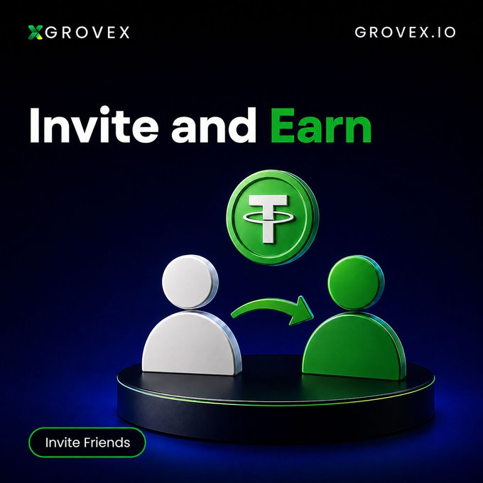 A promotional graphic for Grovex (grovex.io) featuring the text 'Invite and Earn' with an illustration of two figures and a green coin, along with an 'Invite Friends' button.