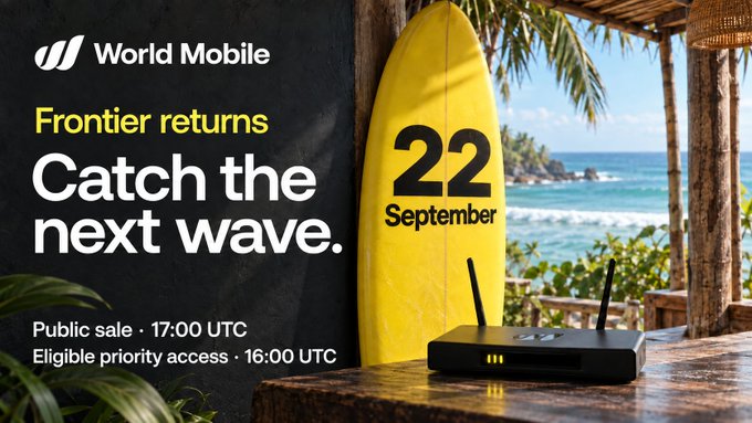 A promotional banner for World Mobile announces 'Frontier returns' and 'Catch the next wave' on September 22, featuring a yellow surfboard and a router on a wooden table with an ocean view.