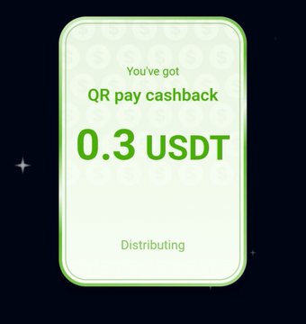 A digital notification card on a dark background displays a green-themed QR pay cashback confirmation of "0.3 USDT" with the status "Distributing." The image illustrates the crypto cashback reward the user received while topping up AI tokens on vikey.ai using Bitget Wallet.