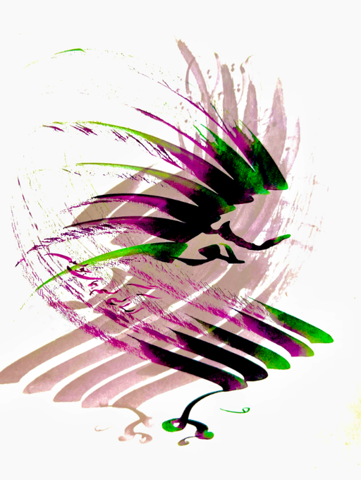 A digital abstract painting with dynamic brushstrokes in green, magenta, black, and tan, forming a vaguely bird-like shape on a white background.