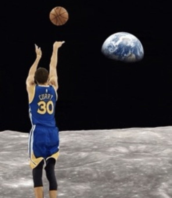 Composite image of basketball player Stephen Curry (#30, Warriors jersey) shooting a basketball from the surface of the moon with Earth visible in the background.