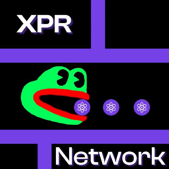 A digital graphic with 'XPR' and 'Network' text flanking a central image of a green Pepe the Frog with red lips and atomic symbols.