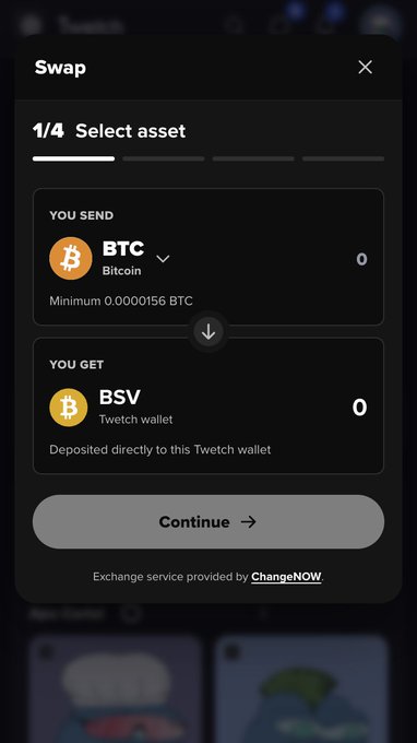 A dark-themed Twetch wallet Swap interface (1/4 "Select asset" step) shows users converting BTC to BSV, with a minimum of 0.0000156 BTC, powered by ChangeNOW exchange service.