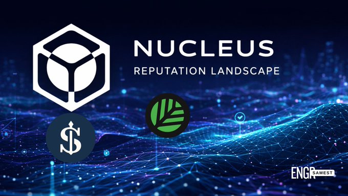 A promotional graphic for "NUCLEUS REPUTATION LANDSCAPE" featuring a hexagonal logo, with smaller icons and the "ENGRAMS TEST" logo in the corner against a digital blue network background.