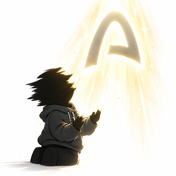 An anime-style illustration depicts a dark-haired character in a hoodie kneeling with open hands toward a glowing golden Star Trek insignia.