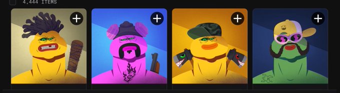 A grid of 3D-style NFT avatars showing "4,444 ITEMS" in a collection, featuring yellow character figures with various accessories like dreadlocks, pink hoods, military caps, and sunglasses, each with a "+" button to add them.