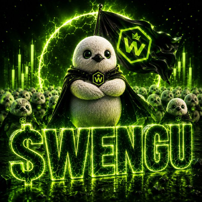 A small fluffy owl mascot wearing a cape stands prominently before an army of similar owls, with a flag bearing a green "W" crown logo behind it, above glowing green "$WENGU" text and a lightning-charged dollar sign—all reinforcing the post's message of building a long-lasting community over chasing a quick pump.