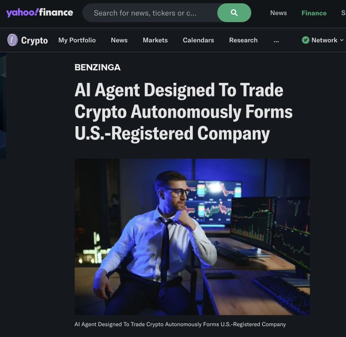 A Yahoo Finance/Benzinga article titled 'AI Agent Designed To Trade Crypto Autonomously Forms U.S.-Registered Company' with a photo of a man at a computer with trading charts.