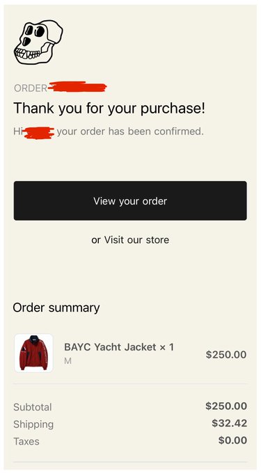 An order confirmation email thanking them for buying a 'BAYC Yacht Jacket' size M for $250.00, with shipping of $32.42 and $0 in taxes, featuring a skull logo at the top.