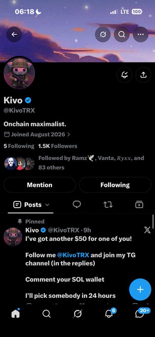 Screenshot of an X (Twitter) profile for 'Kivo' (@KivoTRX) displaying the bio 'Onchain maximalist,' a pinned post mentioning a $50 giveaway, and asking followers to comment their SOL wallet.