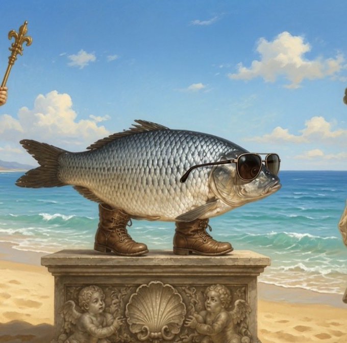 The image features a large fish standing on top of a stone pedestal, wearing sunglasses and boots. The fish appears to be enjoying its time at the beach. In the background, there are two people present - one person holding a gold coin and another person with a cross. The scene is set against a beautiful blue sky with clouds.