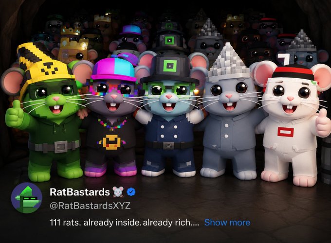 Social media post from RatBastards (@RatBastardsXYZ) showing a collection of stylized 3D cartoon rat characters in various costumes, with the caption '111 rats. already inside. already rich....'