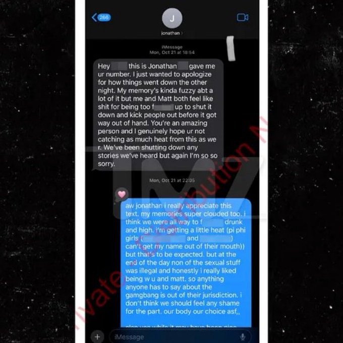 A screenshot of an iMessage conversation from "jonathan" apologizing for his past behavior and saying he hopes they can move past it, with the recipient responding that they don't feel any shame but things were illegal and non-consensual; the image is watermarked "water mark acquisition."