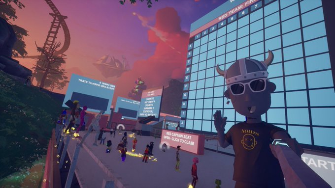 A first-person view from a virtual reality game showing an avatar in a Viking helmet and sunglasses waving, with a large leaderboard and other players visible in a futuristic plaza.