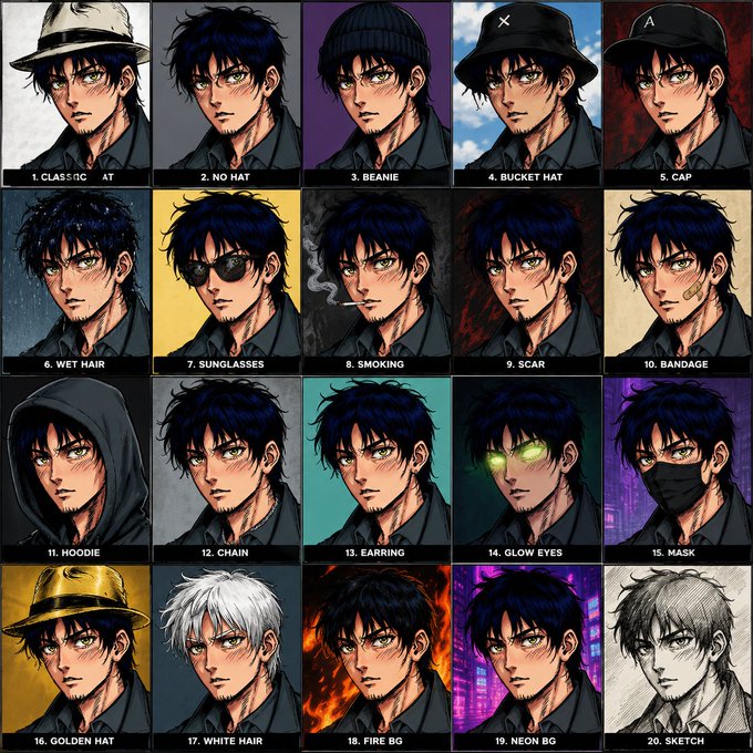 A grid of 20 illustrated character portraits showing various style variations labeled 1-20, including 'Classic Hat,' 'No Hat,' 'Beanie,' 'Bucket Hat,' 'Cap,' 'Wet Hair,' 'Sunglasses,' 'Smoking,' 'Scar,' 'Bandage,' 'Hoodie,' 'Chain,' 'Earring,' 'Glow Eyes,' 'Mask,' 'Golden Hat,' 'White Hair,' 'Fire BG,' 'Neon BG,' and 'Sketch.'