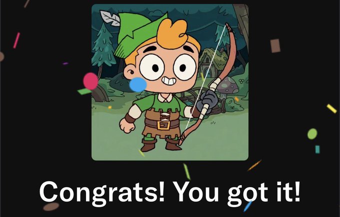 A cartoon illustration of an archer character wearing a green Robin Hood-style hat, holding a bow and arrow, displayed as a collectible card with the text 'Congrats! You got it!' and confetti.