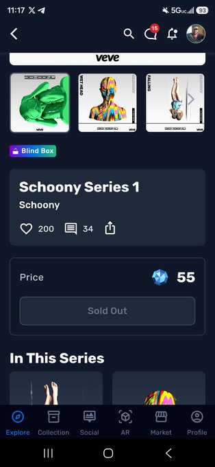 A mobile screenshot of the Veve digital collectibles app showing the 'Schoony Series 1' page with a price of 55 gems and a 'Sold Out' button, alongside other item listings.