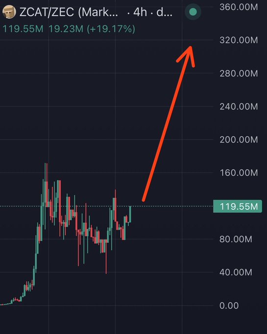 A 4-hour candlestick chart of ZCAT/ZEC showing current market cap at $119.55M with $19.23M (+19.17%) in gains, accompanied by a bold red arrow pointing upward toward the $360M target level—visually reinforcing the bullish conviction behind "$i believe in $ZCAT."