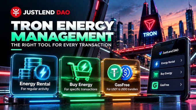 A JustLend DAO advertisement titled 'TRON ENERGY MANAGEMENT' showcasing services like Energy Rental, Buy Energy, and GasFree with a futuristic Tron city background and mobile app interface.