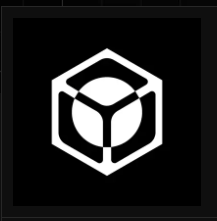 A white geometric logo resembling a cube or hexagonal emblem is displayed on a black background.