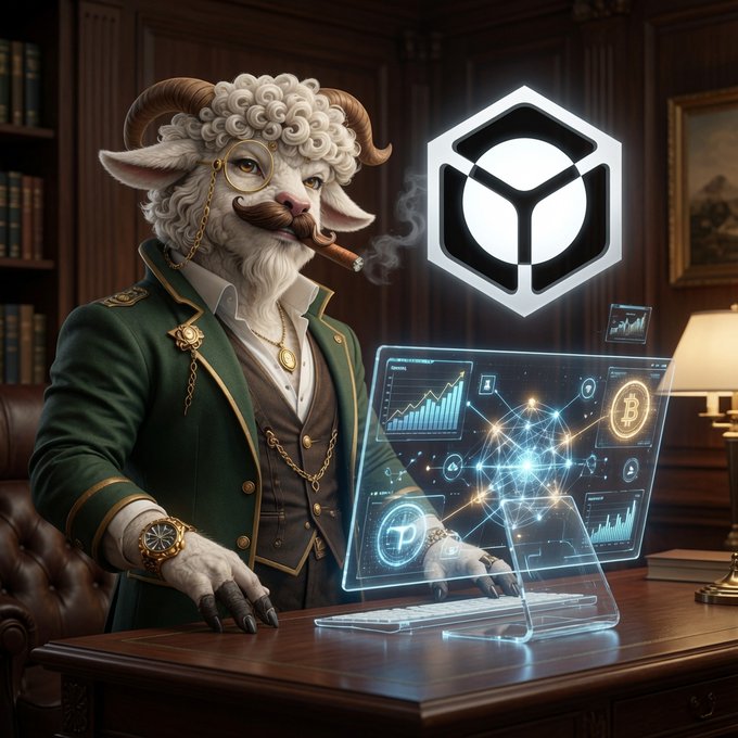 A digital artwork of an anthropomorphic sheep with horns, a mustache, and a monocle smoking a cigar, dressed in a green suit and working on a futuristic holographic computer displaying crypto symbols.