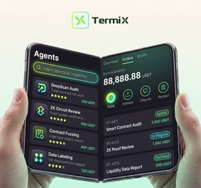 A smartphone displays the Termix app interface showing 'Agents' with options like DeepSeek-Audit, 2X Critical Review, Contract Forcing, Data Labeling, and Smart Contract Audit, with a balance of '88,888.88 USDT'.