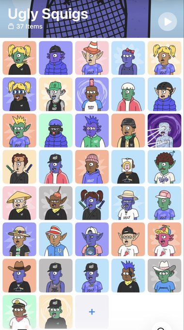 The image features a grid of square illustrations, each depicting a different character or person wearing hats with various colors such as blue, green, red, and yellow. The characters are arranged in rows and columns, creating an organized layout that showcases their unique appearances. The post includes text that reads "Ugly Squigs" and "NFTs", possibly referring to the NFTs associated with these illustrations or the squiggles themselves.