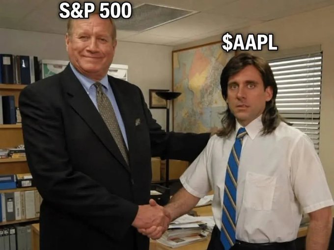 The image is a meme from *The Office* showing two men shaking hands, with the larger man labeled "S&P 500" and the man with long hair labeled "$AAPL." It humorously illustrates AAPL's underperformance relative to the broader S&P 500 index, fitting the post's theme about tracking TradFi trading updates and market comparisons.