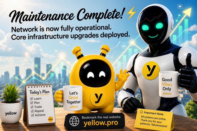 The image features a cartoon robot holding two cups, one yellow and one black, with the text "Maintenance Complete!". The background shows a city skyline, indicating that the scene takes place in an urban setting. In addition to the main elements of the image, there is also a note about a bookmarked website called "yellow.pro" and a social media post promoting the idea of "let's get together".