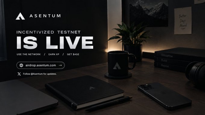 A promotional banner for Asentum announces their 'INCENTIVIZED TESTNET IS LIVE,' featuring a moody desk scene with a coffee mug, notebook, smartphone, and camera, with the URL 'airdrop.asentum.com' displayed.