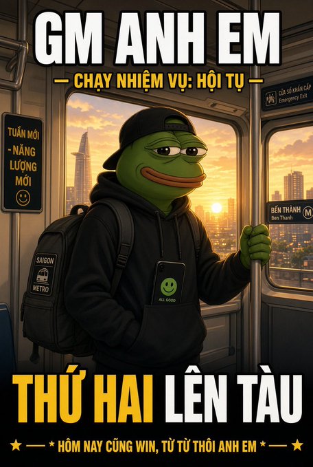 A Pepe the Frog meme featuring a character wearing a backwards cap and hoodie, holding a phone with a smiley face, standing in a subway car with Vietnamese text including 'GM ANH EM' and 'THỨ HAI LÊN TÀU'.