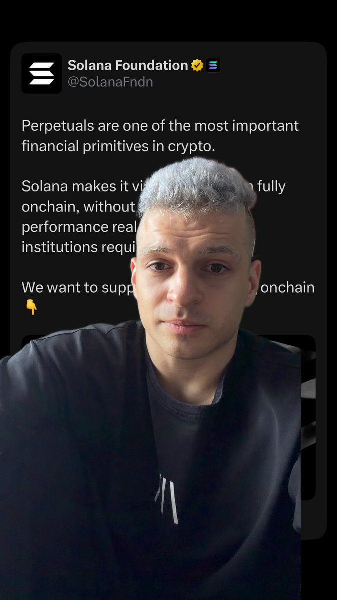 The image features a man with white hair wearing a black shirt, who appears to be a young man posing for a photo or selfie. The caption of the image reads "perpetuals are one of the most important financial primitives in crypto". This means that the man is talking about the importance of constant repetition when it comes to financial matters and how it relates to cryptocurrency.