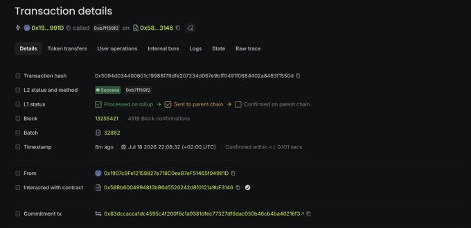 A transaction detail page showing a successful L2 (Arbitrum) transaction with hash 0x5094d034400601c19988799dfe207234d067e9bff04910684402a8463f1550d, involving 0x19...997D sending funds to contract 0x58...3146, with the L3 status confirmed as "Processed on rollup → Sent to parent chain → Confirmed on parent chain" on block 13255421.

This image relates to the post by illustrating an on-chain transaction involving DeFi/RWA (Real World Asset) interactions on a Layer 2/3 rollup network, supporting the author's argument that such decentralized finance yield protocols represent the practical intersection of crypto and traditional finance.