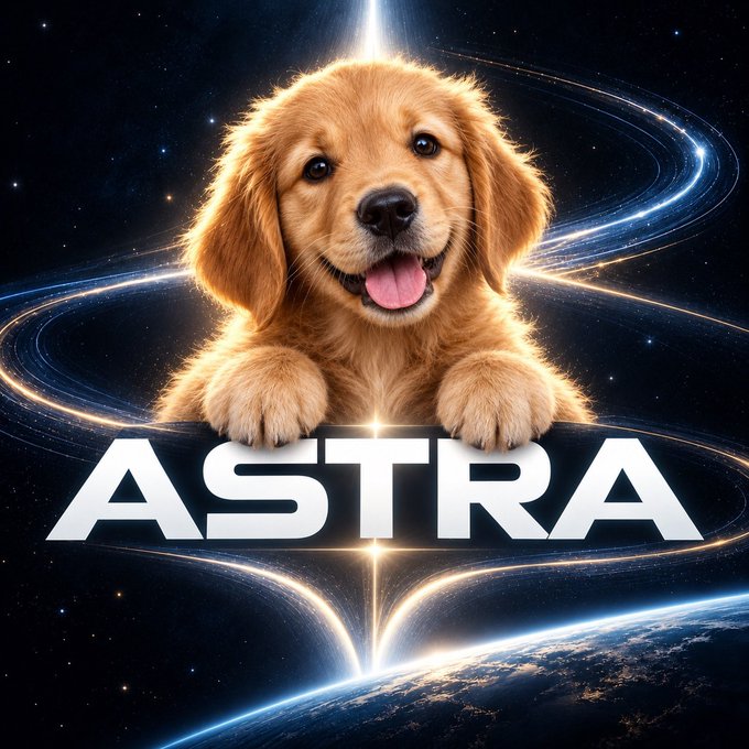 A movie poster-style image titled 'ASTRA' features a golden retriever puppy floating in space above Earth with glowing orbital rings.