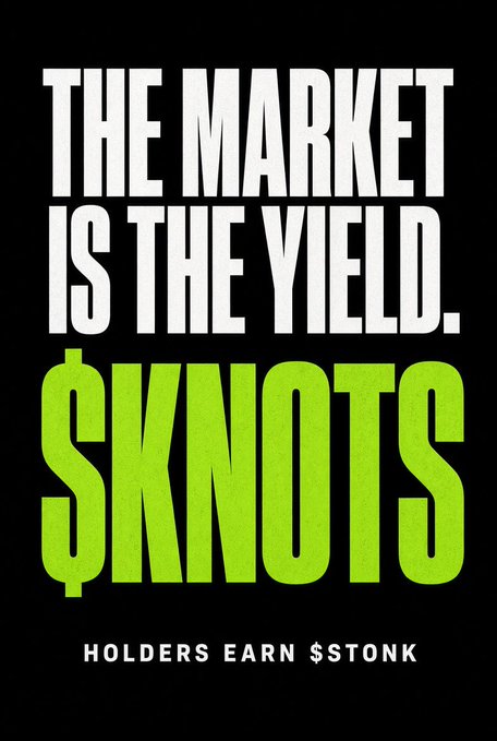 The image displays the bold text "THE MARKET IS THE YIELD." in white, followed by "$KNOTS" in large green letters, with "HOLDERS EARN $STONK" at the bottom on a black background. It directly visualizes the post's message by emphasizing that holding $KNOTS generates $STONK rewards as passive yield from the token's 3% tax mechanism, reinforcing the idea that market activity itself creates returns for holders.