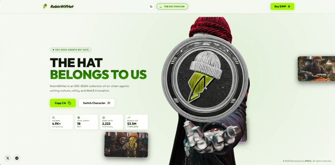 A webpage for RobinWifHat featuring the tagline "THE HAT BELONGS TO US" alongside a 3D robotic character holding a coin with the project's logo, displaying stats of 4.9K+ holders, 2,233 Reddit members, and 3.5M+ tokens, with a "Copy CA" button and Buy $HAT option.