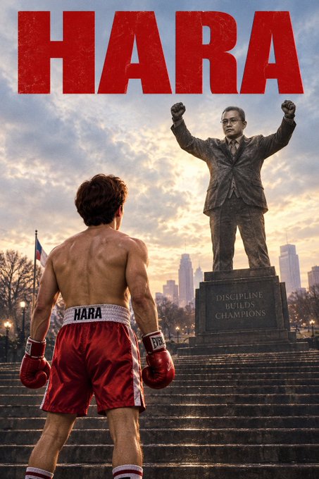 A movie-style poster titled 'HARA' in large red letters at the top, depicting a boxer in red shorts and gloves standing at the bottom of stone stairs facing a large statue of a man in a suit with raised fists, mounted on a pedestal inscribed 'DISCIPLINE BUILDS CHAMPIONS'.