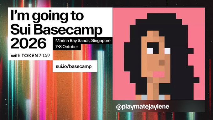 A promotional graphic for 'Sui Basecamp 2026' at Marina Bay Sands, Singapore on 7-8 October, featuring pixel art of a woman and the handle @playmatejaylene.