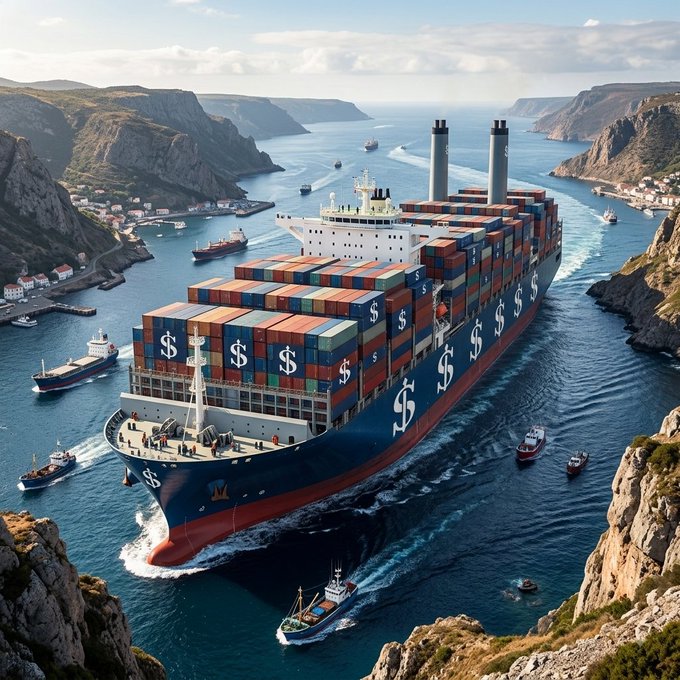 A large container ship covered in dollar sign symbols sailing through a narrow waterway surrounded by rocky cliffs, accompanied by several smaller boats.