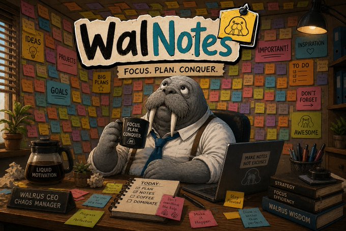 A whimsical digital illustration titled "WallNotes - Focus. Plan. Conquer." features an anthropomorphic walrus in a shirt and tie sitting at a desk, holding a mug that reads "FOCUS PLAN CONQUER" while surrounded by colorful sticky notes with labels like "IDEAS," "GOALS," "TO DO," and "AWESOME."