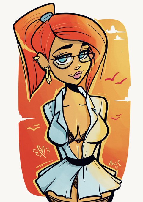 A digital cartoon illustration of a red-haired woman wearing glasses, a light blue blazer, and black lingerie, signed 'Ana S' in the corner.