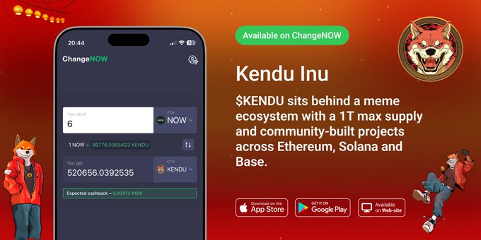A promotional graphic showing the ChangeNOW app interface with a swap from 1 NOW (80776.0065422 KENDU) to 520656.0392535 KENDU, advertising that Kendu Inu ($KENDU), a meme project with a 1T supply across Ethereum, Solana, and Base, is available for instant trading on the platform.