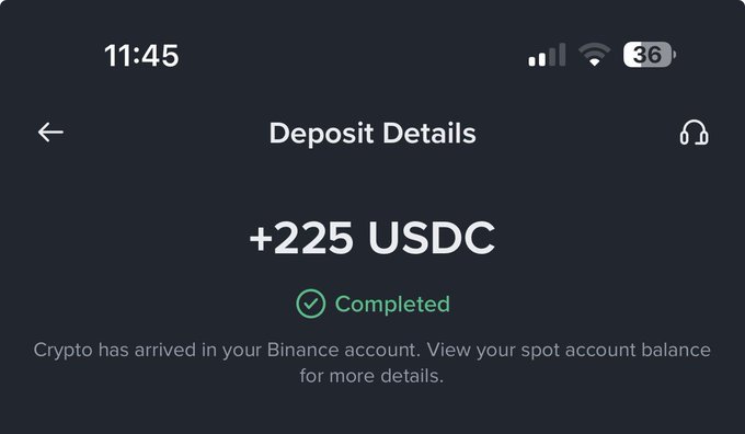 A mobile screenshot of a Binance app showing a completed deposit of +225 USDC, with the text 'Crypto has arrived in your Binance account. View your spot account balance for more details.'