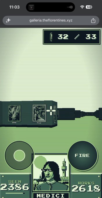 A pixel-art game interface displayed at galleria.theflorentes.xyz shows a first-person shooter scene with a score of 32/33, "FIRE" and ammo buttons, and stats reading "SEEN 2356" and "WORKS 2618" for a character named "MEDICI" — likely the NFT minting site referenced in the post about Florentines' first-come-first-served (FCFS) whitelist spot.