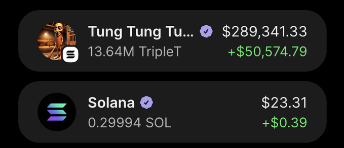 A cryptocurrency portfolio display showing 'Tung Tung Tu...' token at $289,341.33 (up $50,574.79) with 13.64M TripleT, and Solana (SOL) at $23.31 (up $0.39) with 0.29994 SOL.