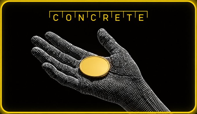 A black glove dotted with white holds a gold coin against a black background, with the word 'CONCRETE' displayed in a grid pattern above.