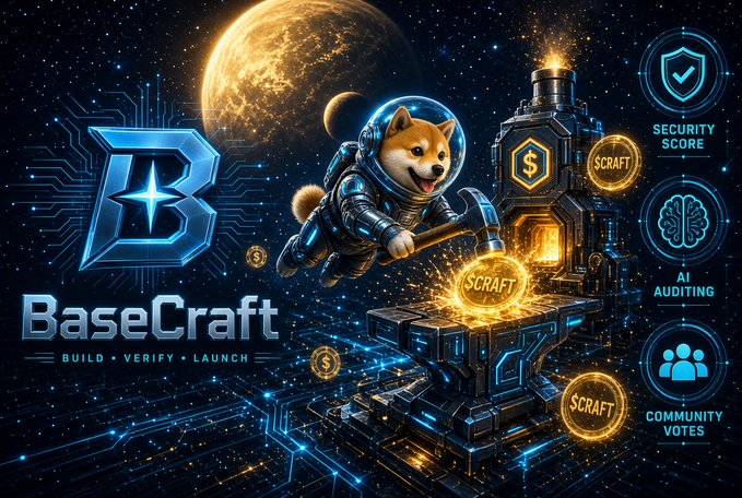 A promotional graphic for "BaseCraft" featuring a Shiba Inu dog in a spacesuit holding a hammer over a glowing "$CRAFT" coin, with a large "B" logo and features labeled "Security Score," "AI Auditing," and "Community Votes."