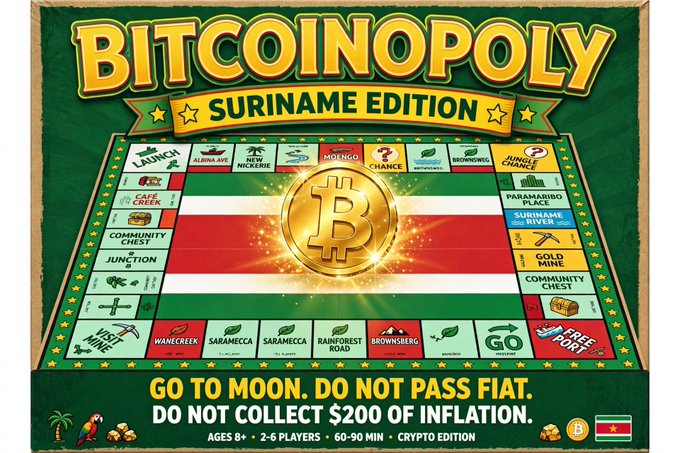 A colorful "BITCOINOPOLY - SURINAME EDITION" board game cover featuring a large Bitcoin symbol over the Suriname flag, with spaces like 'Café Creek', 'Paramaribo Place', and 'Free Port', and the tagline "GO TO MOON. DO NOT PASS FIAT. DO NOT COLLECT $200 OF INFLATION."