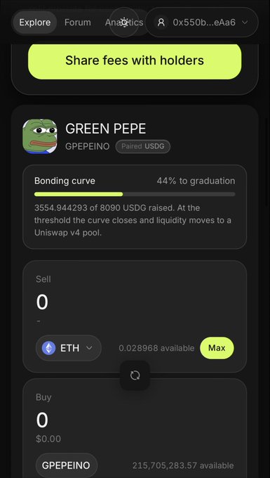 The image shows a cryptocurrency trading interface for the token "GREEN PEPE" (ticker GPEPEINO) on a bonding curve, with 3,554.944293 of 8,090 USDG raised (44% to graduation), displaying sell and buy options using ETH. The interface supports the post's urgent call to "bond" by showcasing an active bonding curve opportunity for GPEPEINO with the contract address 0xfEB2190905E8deB7D778259eC32d0a0Fd5d296b2.